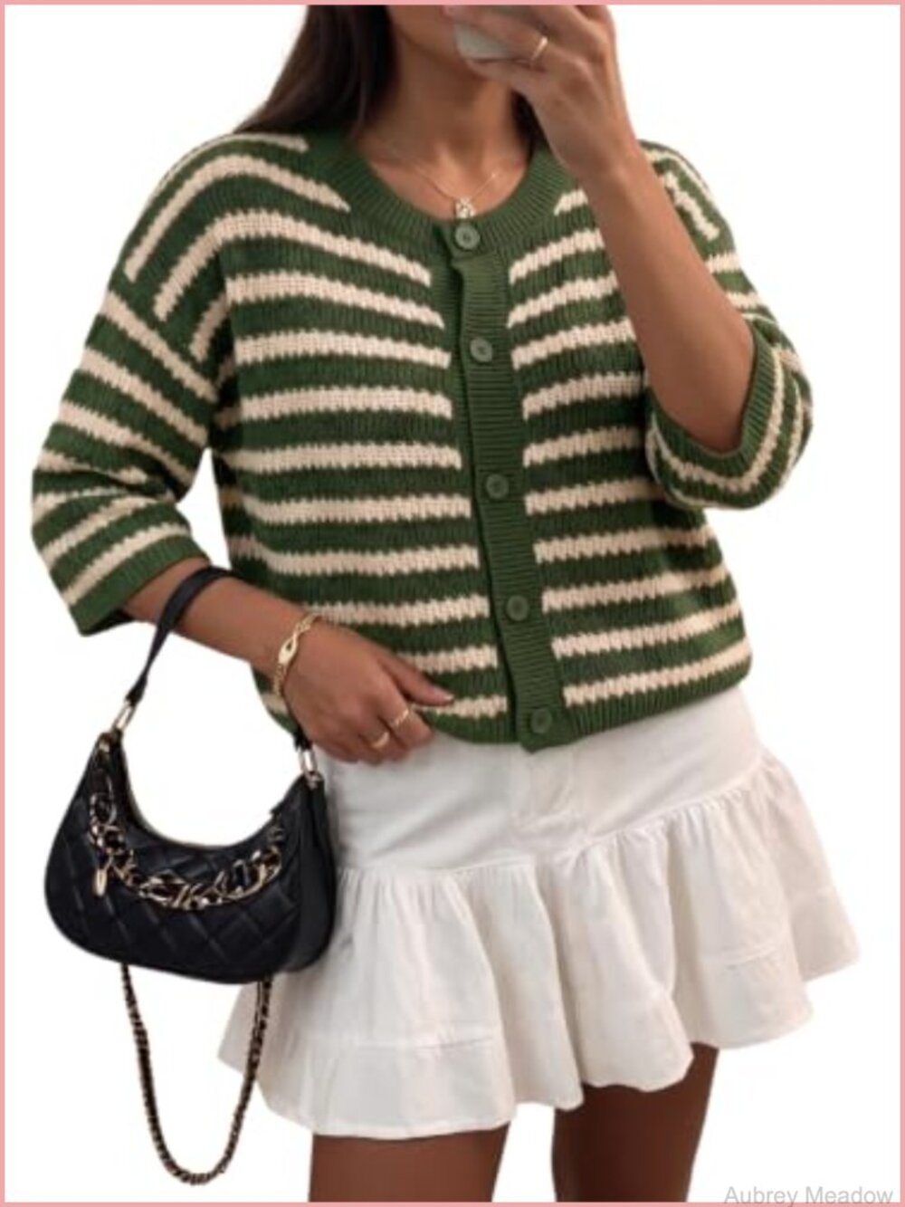 Striped Button Down Cardigan 3/4 Sleeve Crew Neck Knit Women's Sweater
